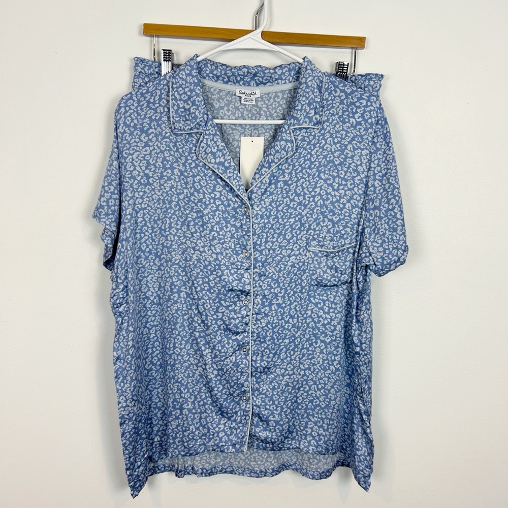 Splendid Women's Notch Collar Shortie Pajama Set Blue Leopard Size Medium